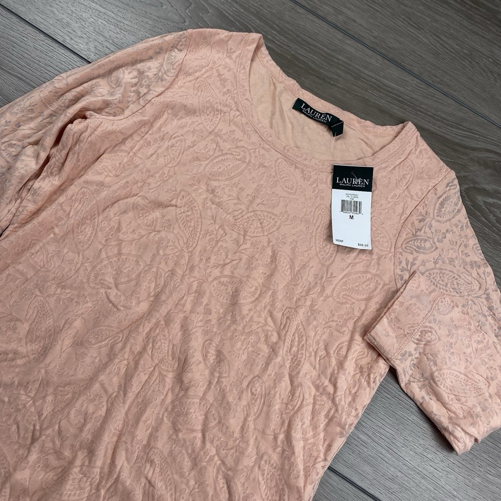 Lauren Ralph Lauren Women's 3/4 Sleeve Top Paisley Print Soft Pink Medium New‎